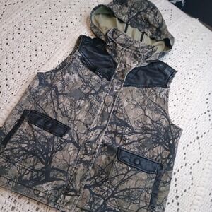 BDG Outdoor Vest Womens M Hooded Zipper Pockets Camo Y2K Street Blk Leather Trim